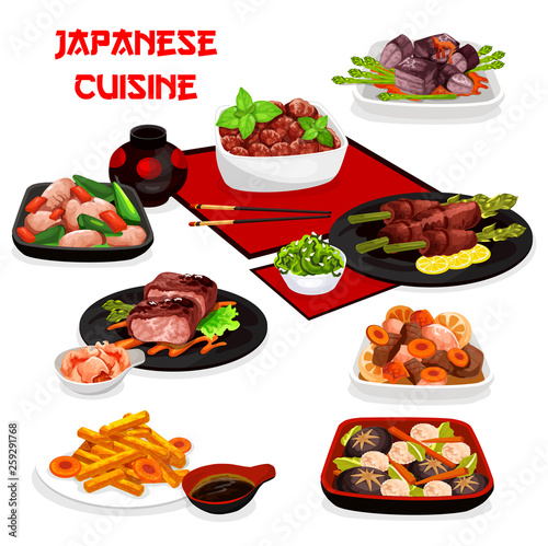 Japanese meat, vegetable dishes with asian sauces