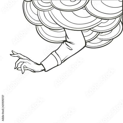 Blessing hand reaching out from the cloud. Medieval concept art. Black and white linear drawing isolated on white background. EPS10 vector illustration