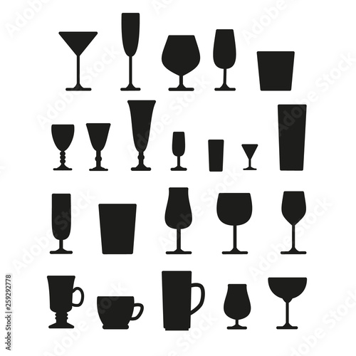 Glasses for drinks icons set, isolated vector. Black silhouette on white background