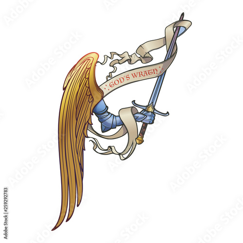 Archangel Michaels arm in armor holding a sword. Retributiuon for sins. Medieval gothic style concept art. Brightly colored drawing. EPS10 vector