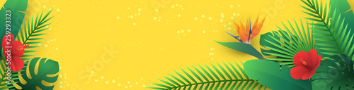 Vector horizontal banner with tropical leaves and flowers in paper cut style (hibiscus, strelitzia, palm, banana leaf, monstera) on yellow background. Origami exotic floral decor for travel newsletter