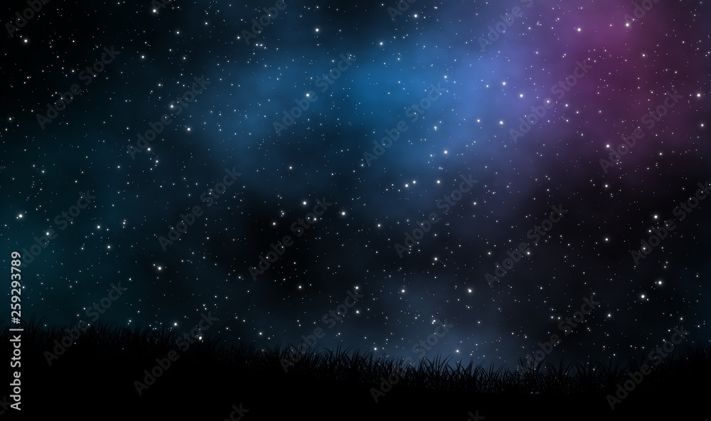 Night sky view over grass field illustration design background