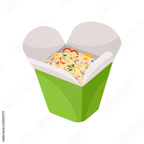 Noodles with vegetables in green box on white background.