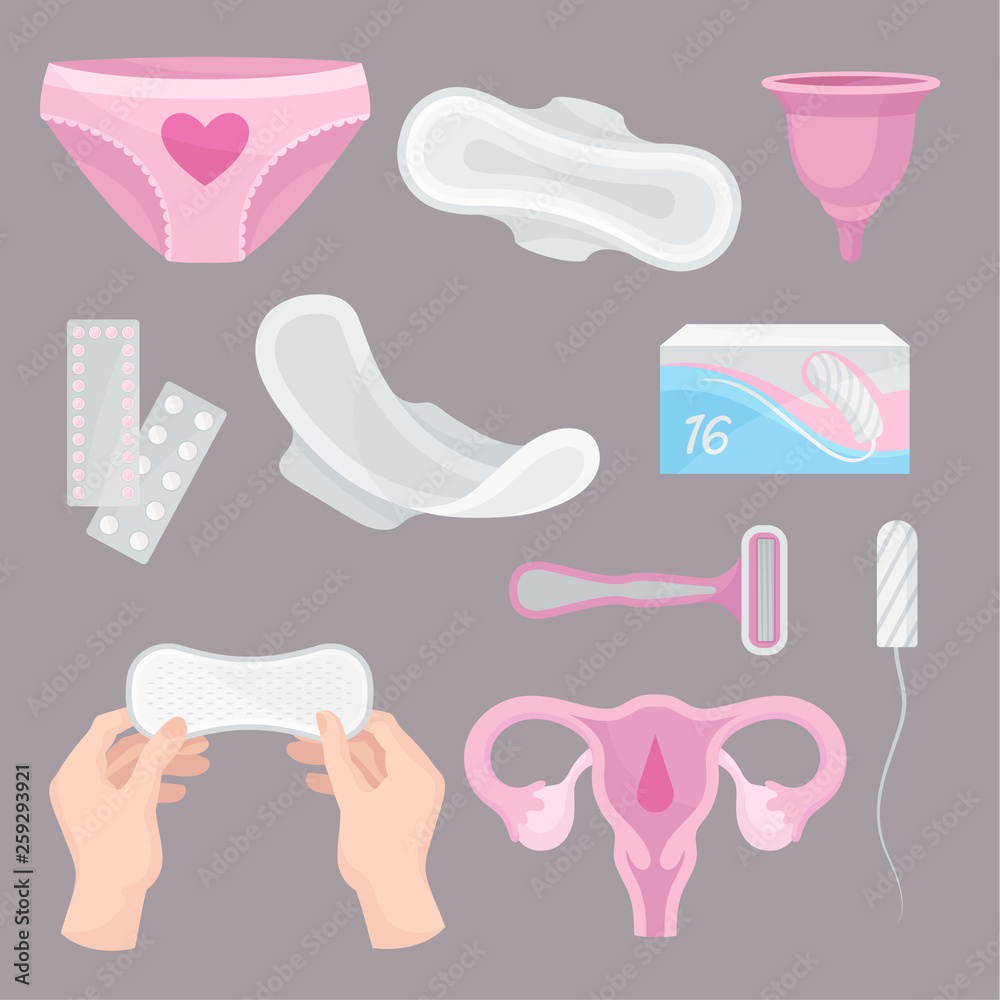 Collection daily hygiene products. Vector flat illustration.
