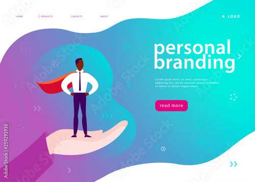 Vector web page template for personal branding, business communication, consulting, planning. Landing page design. Businessman standing as super hero on human hand. Web banner, mobile app illustration