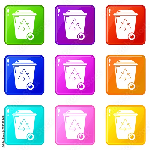 Trash wheelie bin icons set 9 color collection isolated on white for any design
