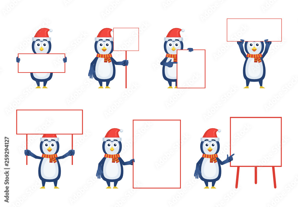 Set of Christmas penguin characters posing with different blank banners. Cheerful penguin holding paper, poster, placard, pointing to whiteboard. Teach, advertise, promote. Vector illustration Set of Christmas penguin characters posing with different blank banners. Cheerful penguin holding paper, poster, placard, pointing to whiteboard. Teach, advertise, promote. Vector illustration