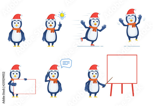 Set of Christmas penguin characters posing in different situations. Cheerful penguin talking on phone, pointing up, skating, jumping, holding banner, pointing to whiteboard. Vector illustration