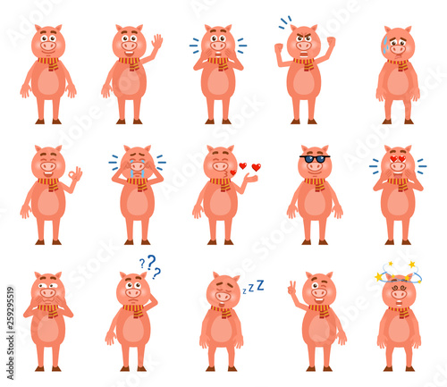Pig characters showing various emotions, facial expressions. Funny pig laughing, crying, tired, thinking and showing other emotions. Flat design vector illustration