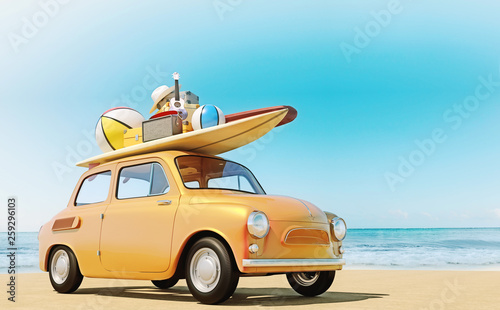 Small retro car with baggage, luggage and beach equipment on the roof, fully packed, ready for summer vacation, concept of a road trip with family and friends