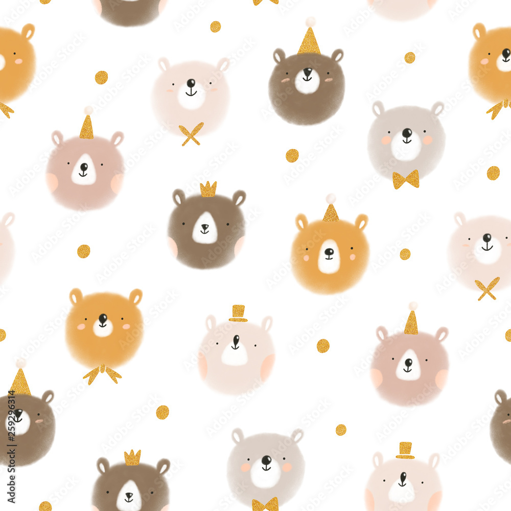 Fototapeta premium Cute bear faces with golden foil textures, seamless pattern