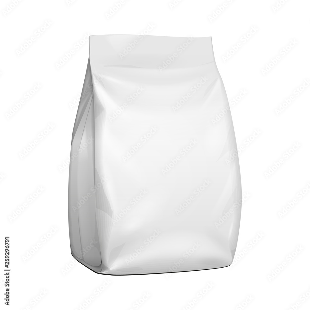 Blank Stand Up Pouch Snack Sachet Bag. Mock Up, Template. Illustration Isolated On White Background. Ready For Your Design. Product Packaging. Vector EPS10 Blank Stand Up Pouch Snack Sachet Bag. Mock Up, Template. Illustration Isolated On White Background. Ready For Your Design. Product Packaging. Vector EPS10