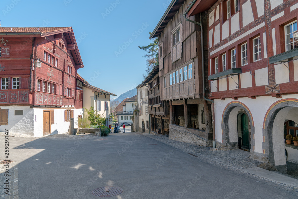 Werdenberg, SG / Switzerland - March 31, 2019: Werdenberg village with historic and traditional buildings and architecture details