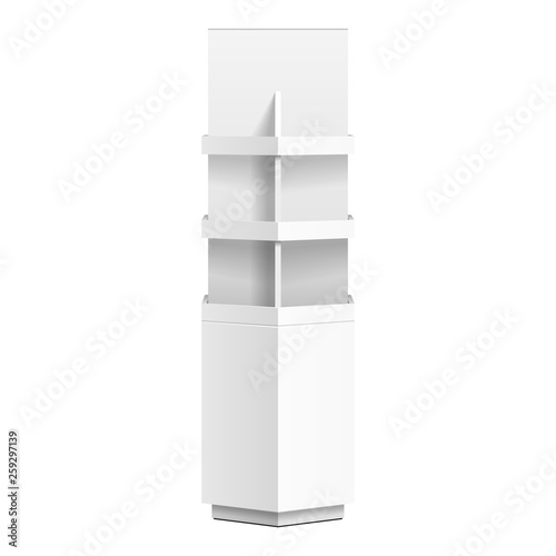 Hexagon, Hexagonal POS POI Cardboard Floor Display Rack For Supermarket Blank Empty. Mock Up. Illustration Isolated On White Background. Ready For Your Design. Product Advertising. Vector EPS10