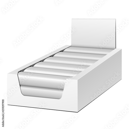Mockup Display Holder Box Cardboard Filled Blank Empty. Chocolate, Protein Bar. Mock Up, Template. Products On White Background Isolated. Ready For Your Design. Mockup Product Packing. Vector EPS10