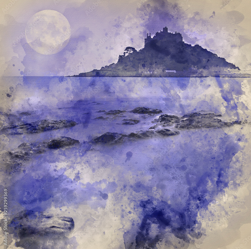 Watercolour painting of St Michael's Mount Bay Marazion pre-dawn long exposure with moon