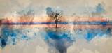 Watercolour painting of Concept fine art image of tree reflected in still waters
