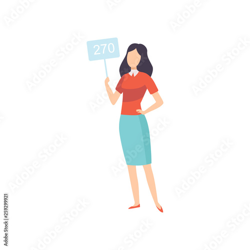 Young Woman Bidding in Public Auction House, Girl Standing and Raising Paddle with Number to Buy Piece of Art Vector Illustration