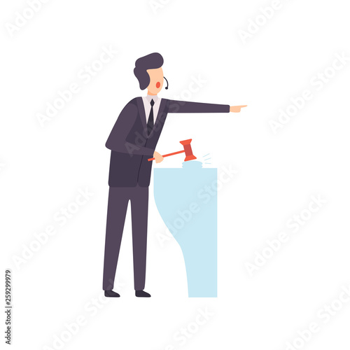 Man with Gavel Standing Behind Special Stand and Announcing Price, Auction Process Vector Illustration