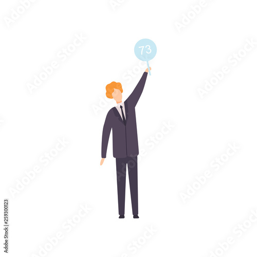 Businessman Bidding in Public Auction House, Bidder Raising Auction Paddle to Buy Piece of Art Vector Illustration