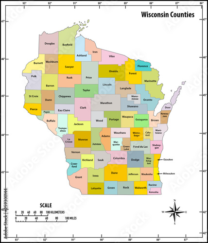 wisconsin state outline administrative and political vector map in color