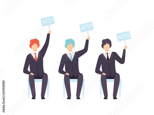 Businessmen Bidding in Public Auction House, Bidders Raising Auction Paddles to Buy Piece of Art Vector Illustration