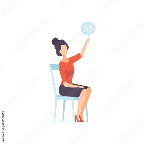 Businesswoman Bidding in Public Auction House, Female Bidder Raising Auction Paddle with Number to Buy Piece of Art Vector Illustration