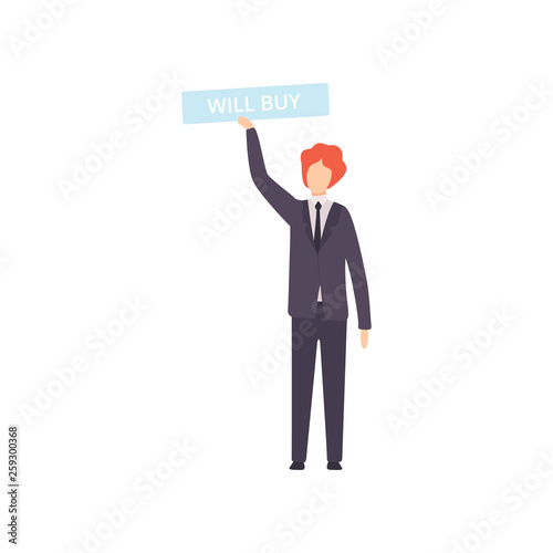 Businessman Bidding in Public Auction House, Male Bidder Raising Signboard with Will Buy Lettering Vector Illustration