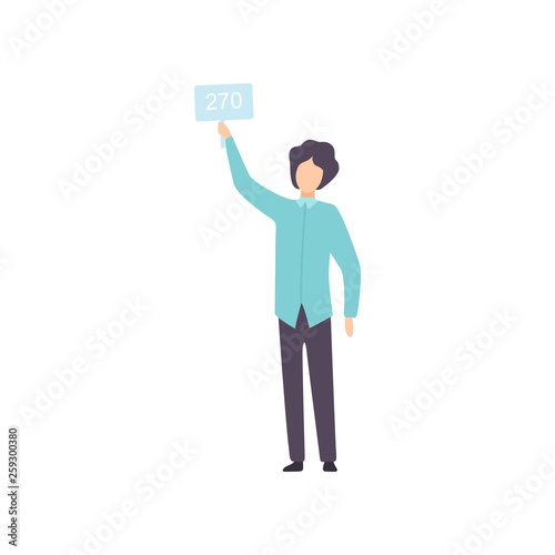 Man Bidding in Public Auction House, Bidder Raising Auction Paddle with Number to Buy Piece of Art Vector Illustration