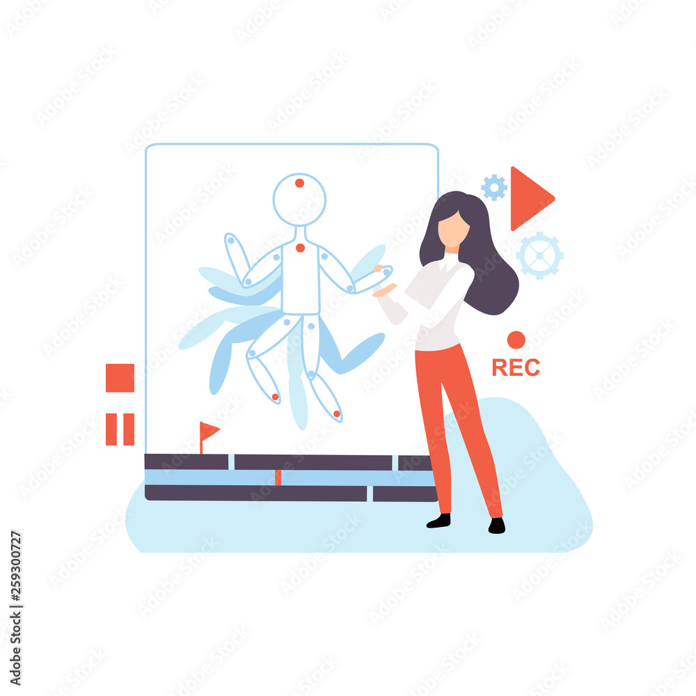 Young Woman Creating Responsive Web Application, Digital Content, Technology Process of Software Development, Social Media Marketing Vector Illustration