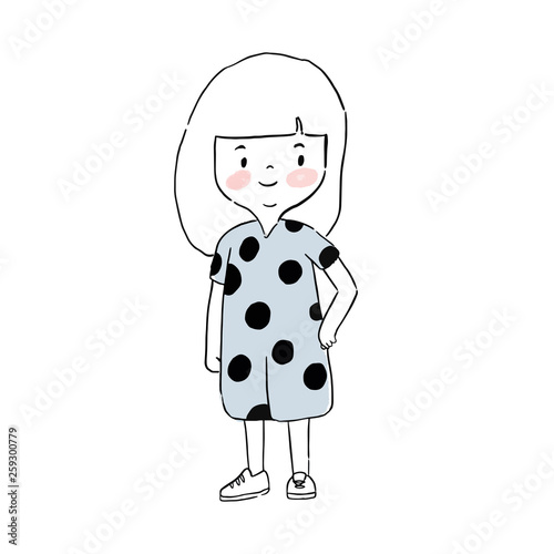 Cute girl character wearing dress with polka dot pattern