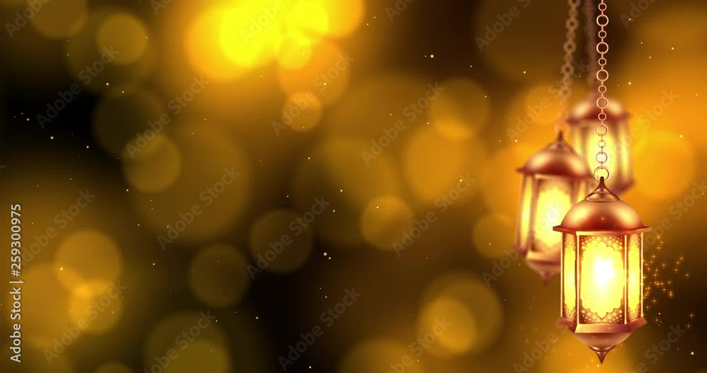 Ramadan candle lantern string hanging on bokeh background