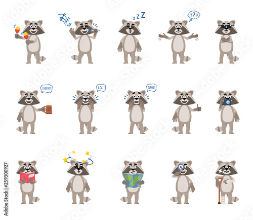 Set of cartoon raccoon characters showing diverse actions, emotions. Funny raccoon thinking, celebrating, surprised, reading book, holding map and doing other actions. Simple vector illustration