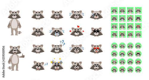 Big set of cartoon raccoon emoticons. Raccoon avatars showing various facial expressions. Happy, sad, angry, surprised, tired, dazed, sleepy, serious and other emotions. Simple vector illustration