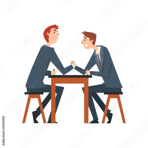 Two Businessmen Arm Wrestling, Business People Competing Among Themselves, Business Competition Vector Illustration