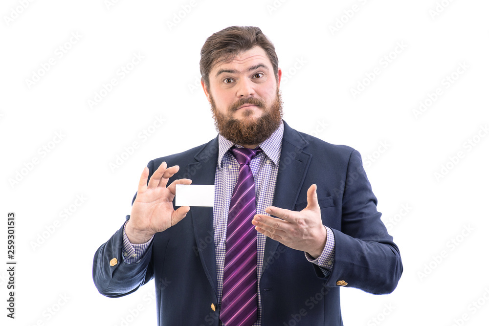 funny business man shows business card in hand, isolated on white funny business man shows business card in hand, isolated on white