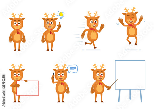 Set of cartoon reindeer characters posing in different situations. Cheerful reindeer talking on phone, pointing up, running, jumping, holding banner, pointing to whiteboard. Flat vector illustration