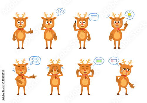 Set of cartoon reindeer characters posing in different situations. Cheerful reindeer talking on phone, thinking, pointing up, laughing, crying, tired, full of energy. Flat vector illustration
