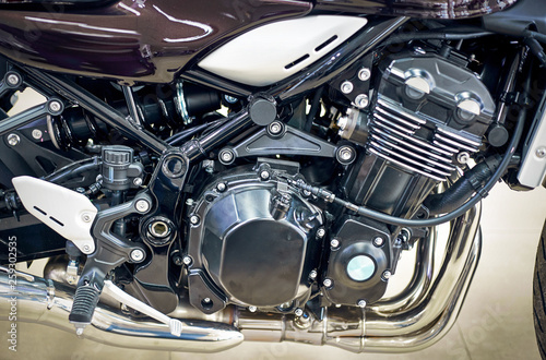 Beautiful view of the motorcycle with an emphasis on the engine.