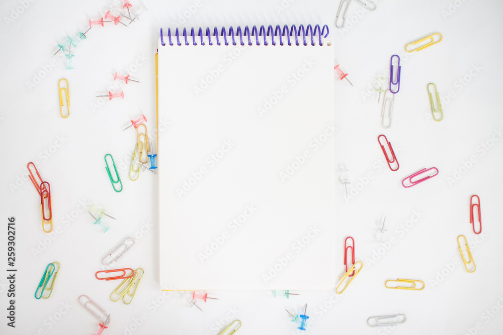 Bright stationery for study: paper, felt-tip pens, scissors, paper clips Bright stationery for study: paper, felt-tip pens, scissors, paper clips