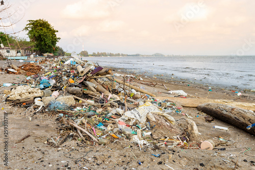 Pile of garbage on the beach in Thailand, environment problem concept, outdoor day light