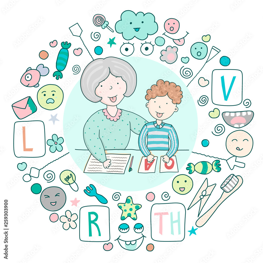 Concept speech therapy logo. School speech development. Classes with speech  therapist and set of cute kawaii icons. Staging sounds. Children vector  illustration in cartoon style Stock Vector | Adobe Stock