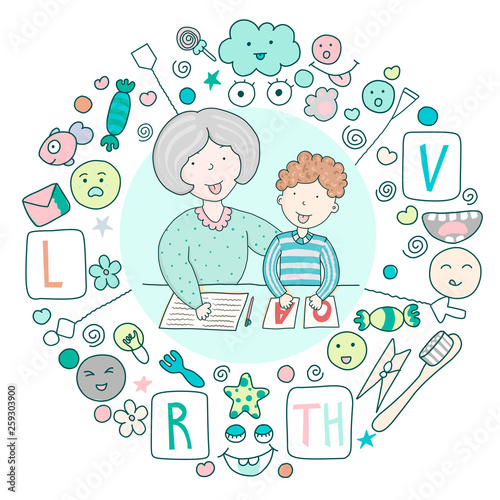 Concept speech therapy logo. School speech development. Classes with speech therapist and set of cute kawaii icons. Staging sounds. Children vector illustration in cartoon style