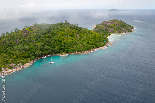 Aerial view of the small island Grande Soeur, Seychelles in the Indian Ocean.