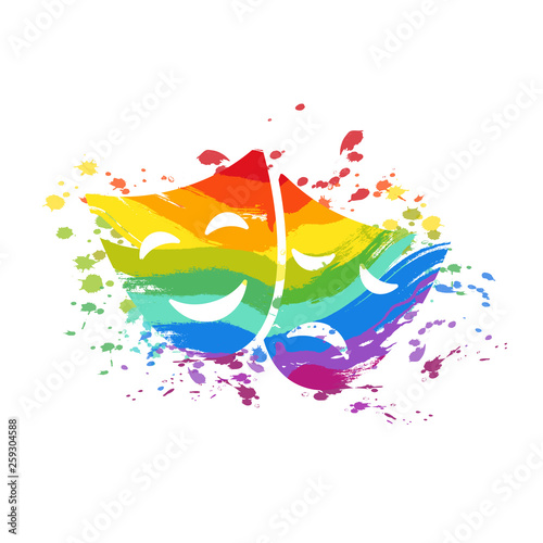 Happy and sad drama mask with colorful rainbow paint splash on white