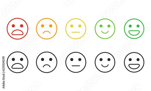 Set of emotion rating feedback in line style. Rating satisfaction. User experience feedback. Different mood smiley emoticons - excellent, good, normal, bad, awful. Concept from positive to negative.