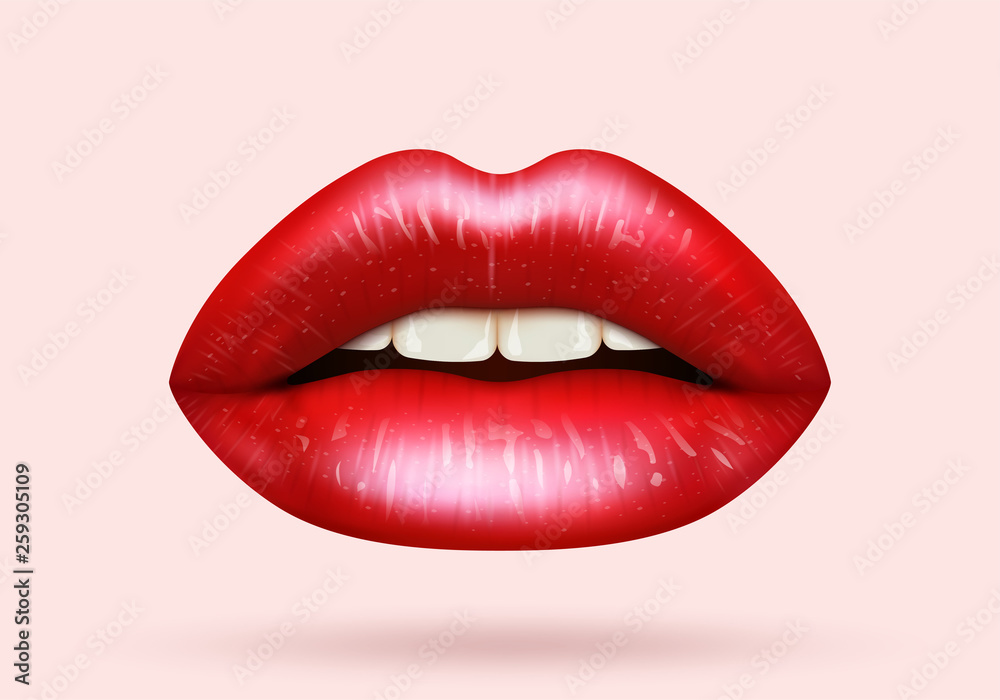Fototapeta Czerwone usta kobiece na białym tle. Realistyczne ilustracji wektorowych