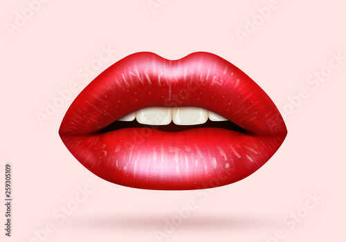 Red female lips isolated. Realistic vector illustration