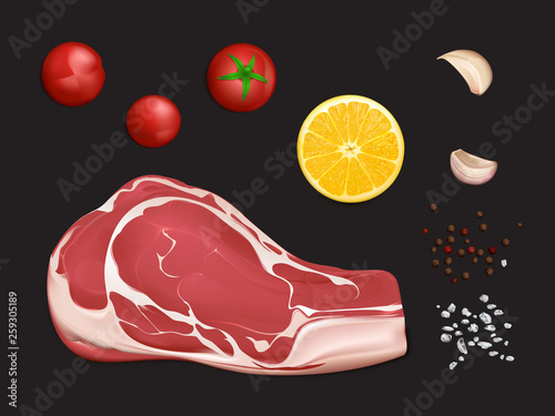 Raw marbled meat fillet, portion to cook steak or grill with spices and vegetables 3d realistic vector isolated on black background. Beef tenderloin for barbeque with tomatoes, garlic and lemon