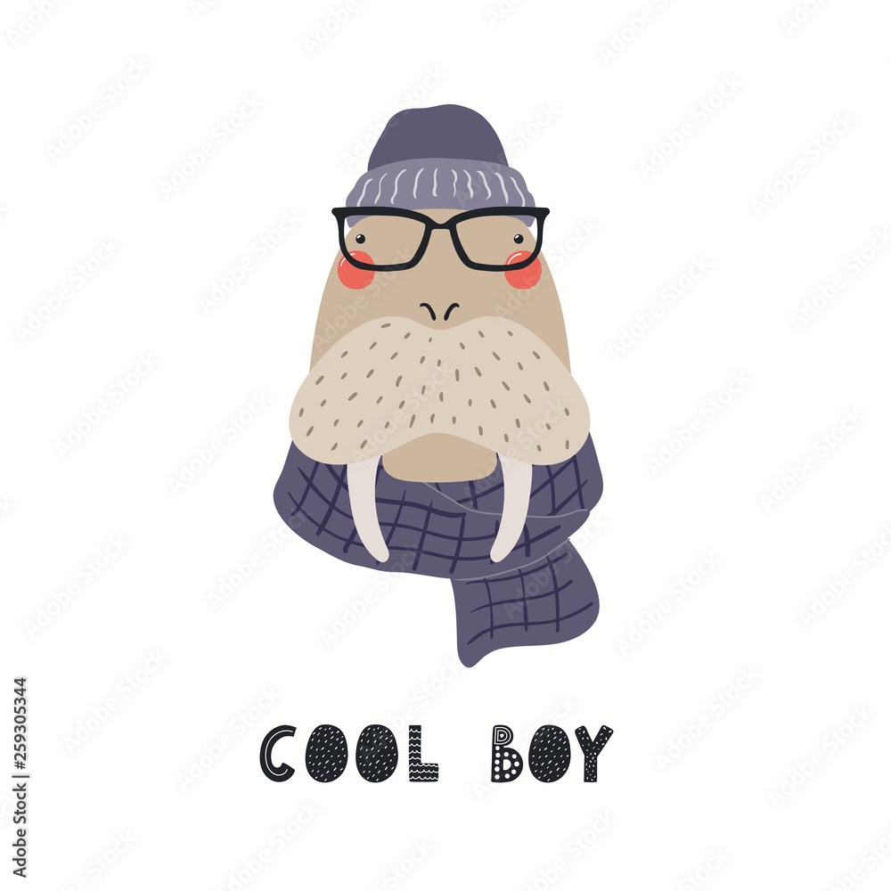 Obraz premium Hand drawn vector illustration of a cute hipster walrus in glasses, with lettering quote Cool boy. Isolated objects on white background. Scandinavian style flat design. Concept for children print.